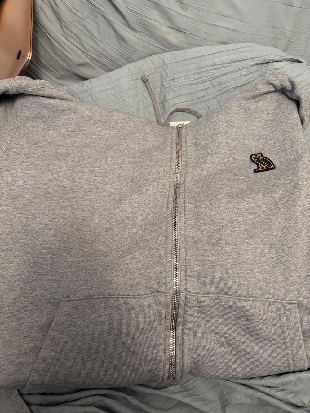 Light Gray Zip-Up Hoodie with OVO Logo - Men Sweater
